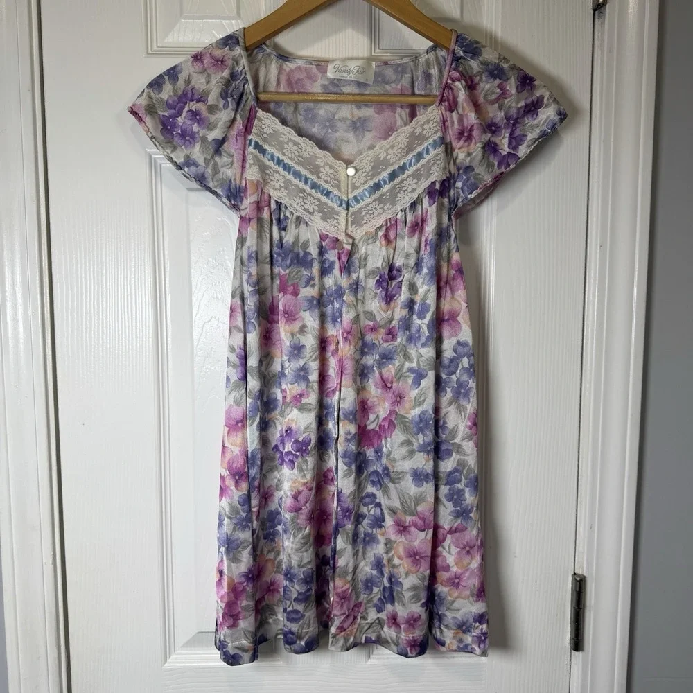 Vanity Fair Midlength Gown SILKY Nylon Nightgown Sz SM Sleeveless FLORAL Vintage